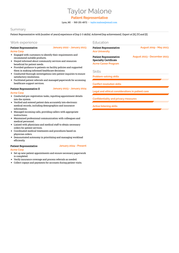 Patient Representative Resume Examples and Templates