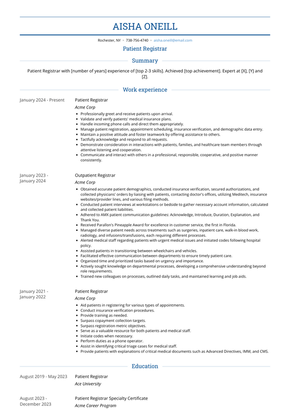 Patient Registrar Resume Examples and Templates