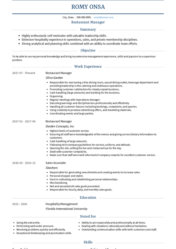 resume sample restaurant manager