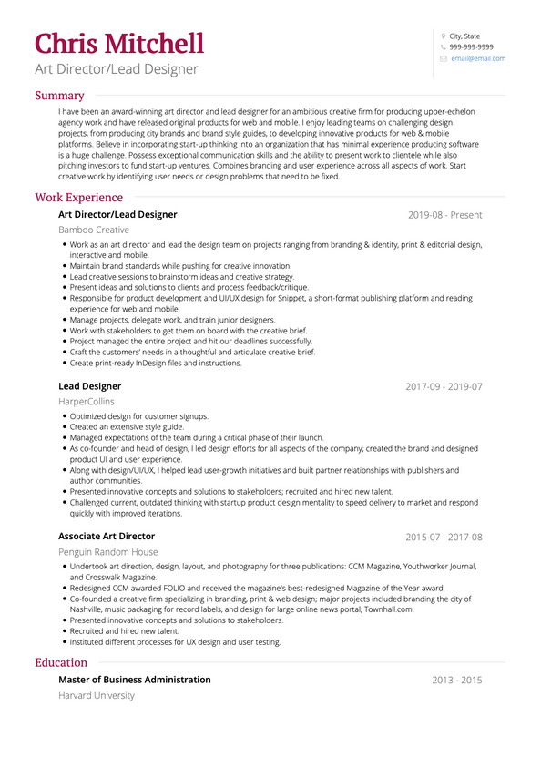 Art Director CV Examples & Templates | VisualCV