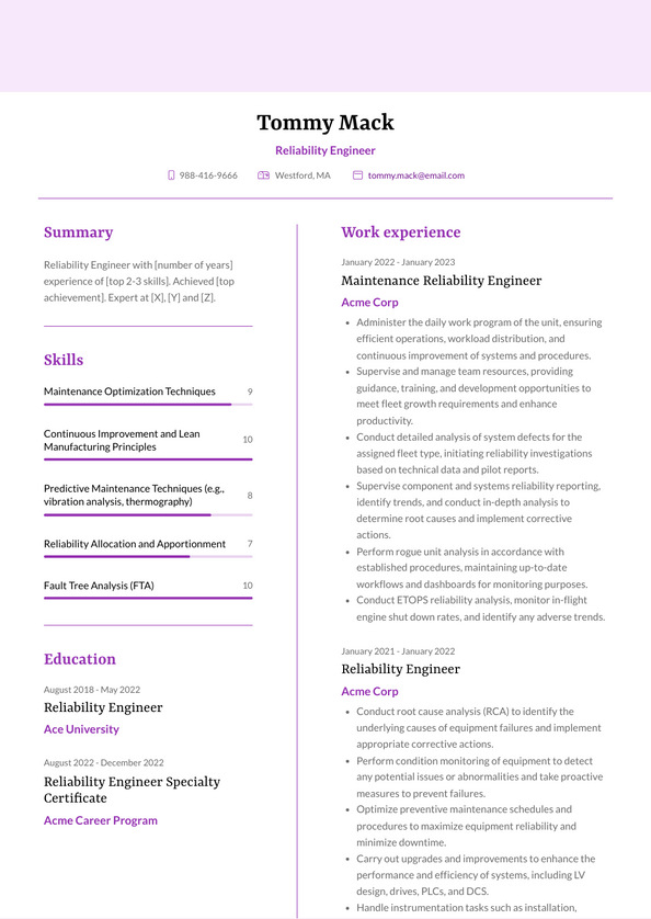 resume for maintenance reliability engineer