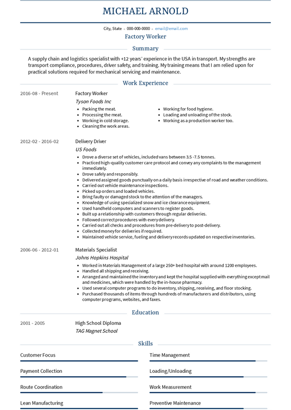 summary for resume examples factory worker