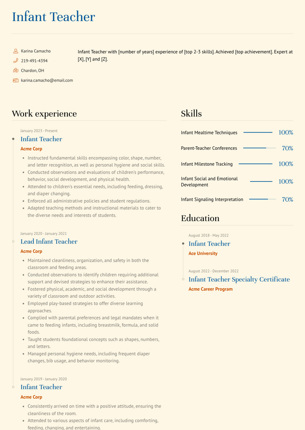 Infant Teacher Resume Examples and Templates