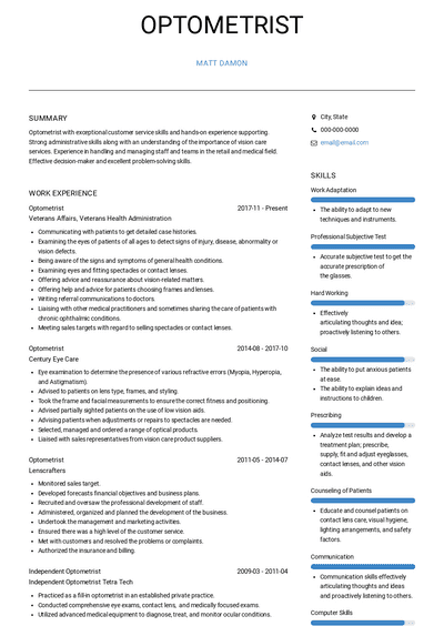 Optometrist Resume Samples and Templates | VisualCV