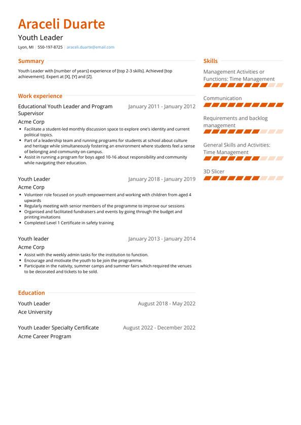 Youth Leader Resume Description