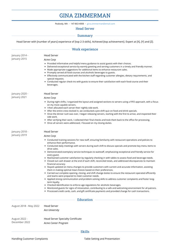 Head Server Resume Examples and Templates