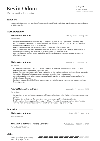 Mathematics Instructor Resume Examples and Templates