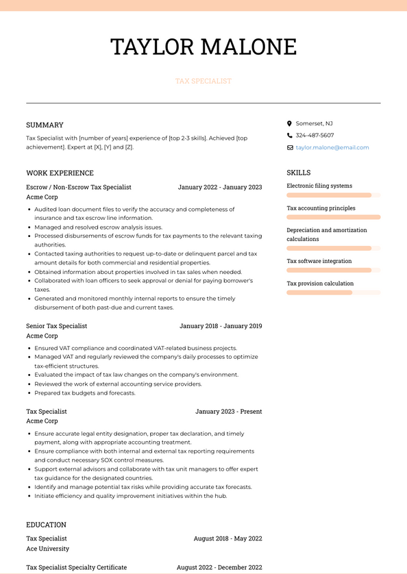 Tax Specialist Resume Examples and Templates