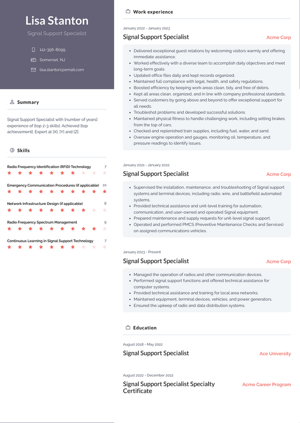 Signal Support Specialist Resume Examples and Templates