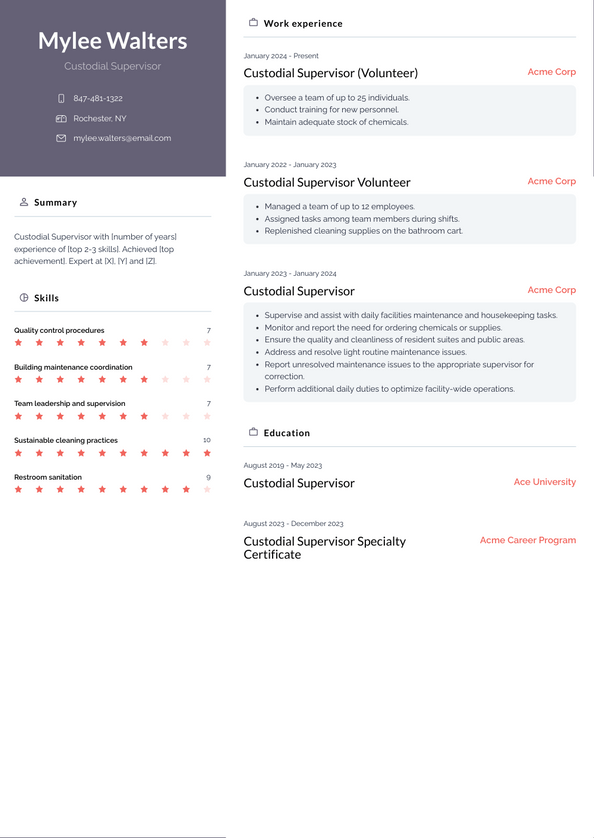 Custodial Supervisor Resume Examples and Templates