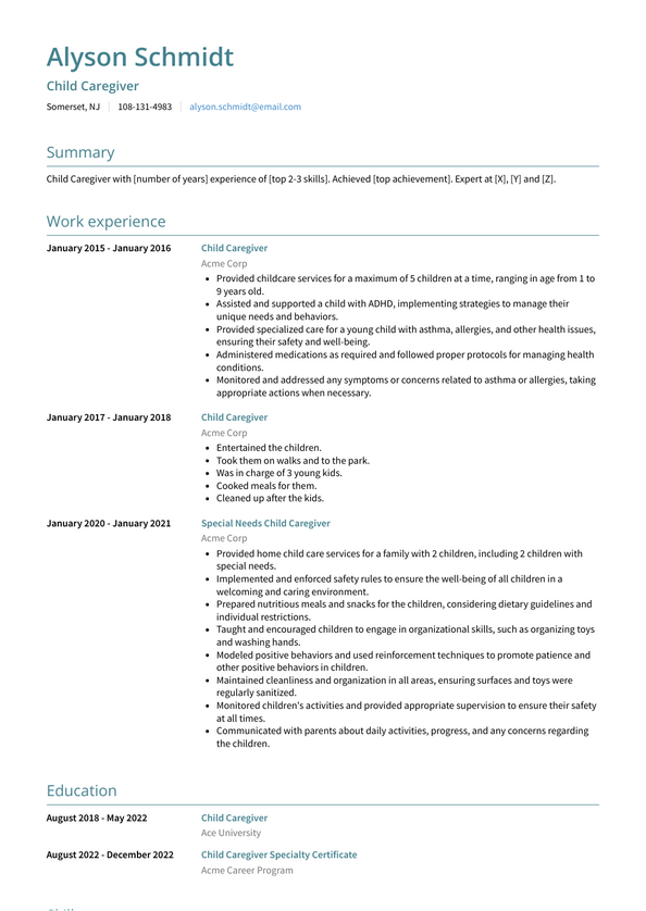 Child Caregiver Resume Examples and Templates