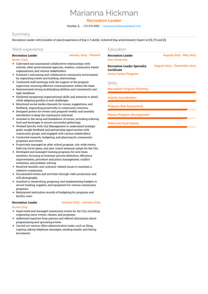 Recreation Leader Resume Sample and Template