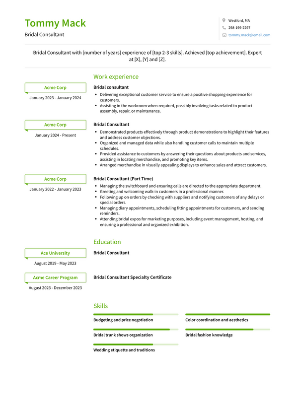 Bridal Consultant Resume Examples and Templates