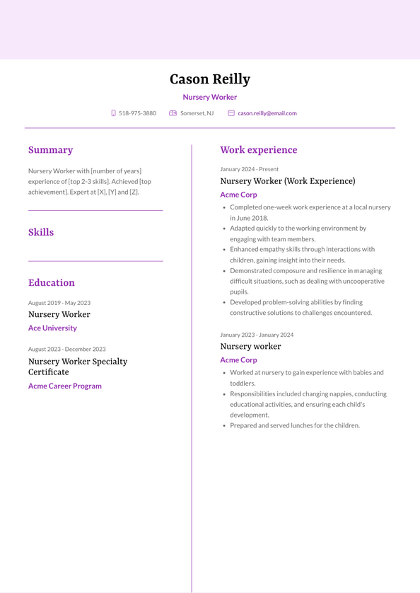 Nursery Worker Resume Examples And Templates 6166