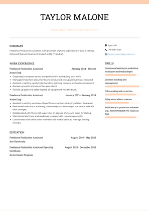 Freelance Production Assistant Resume Sample and Template