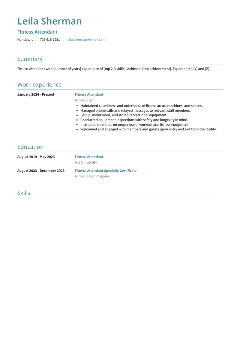 Fitness Attendant Resume Sample and Template