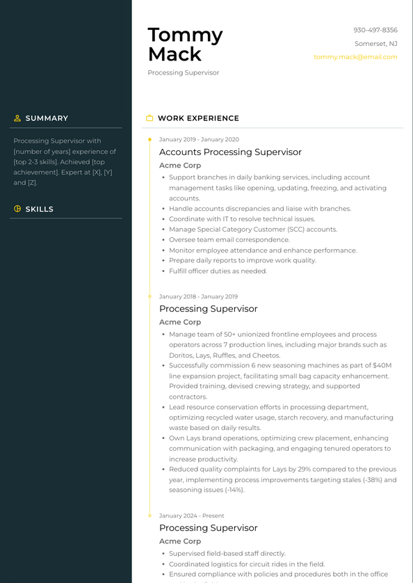 Processing Supervisor Resume Examples and Templates