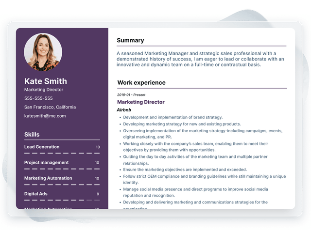 A marketing director's resume with a purple sidebar, skills bars and a work experience list