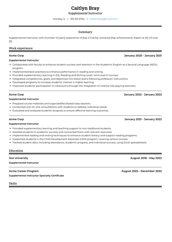 Supplemental Instructor Resume Examples And Templates