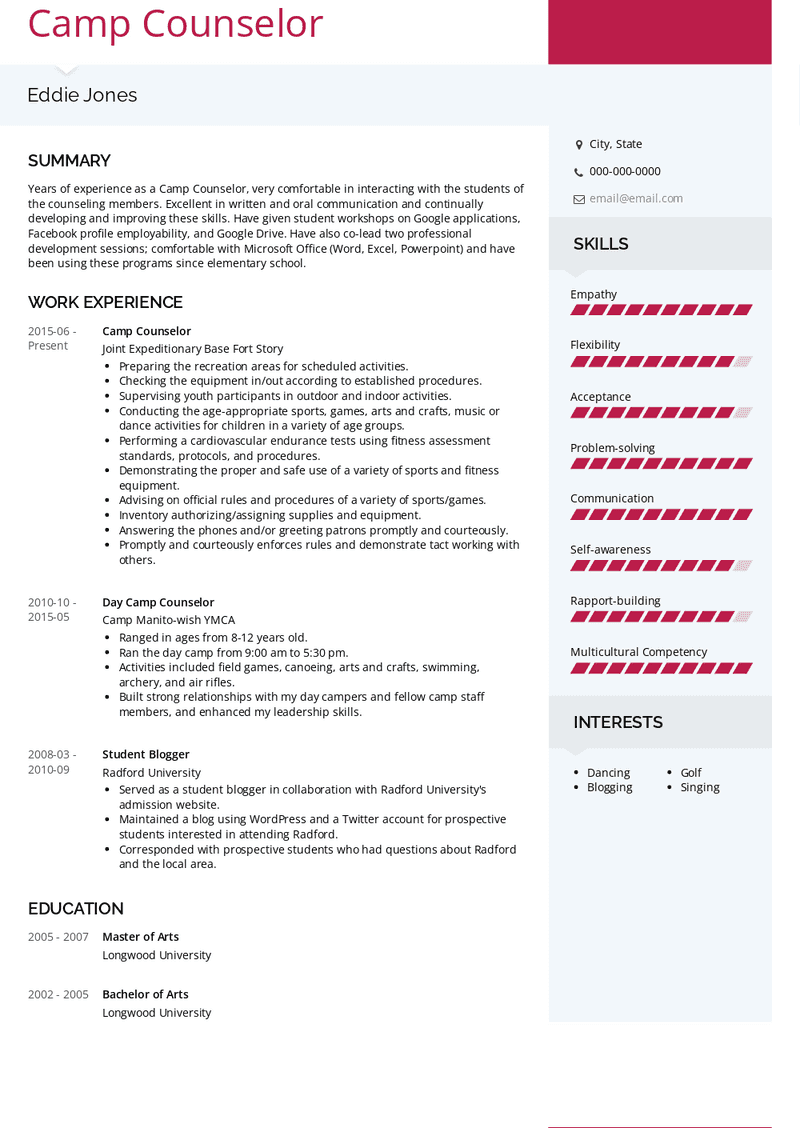 Camp Counselor Resume Samples and Templates VisualCV