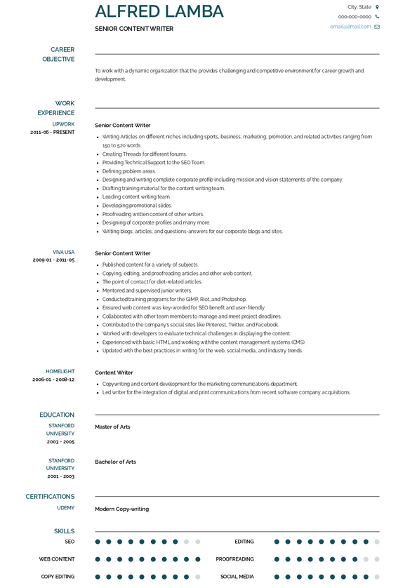 Content Writer Resume Examples [+ 3 Samples] | VisualCV