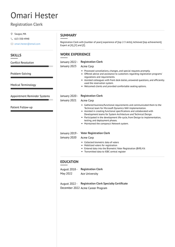 Registration Clerk Resume Examples and Templates