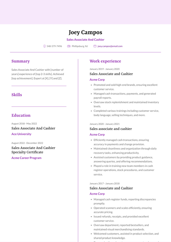 Sales Associate And Cashier Resume Examples and Templates