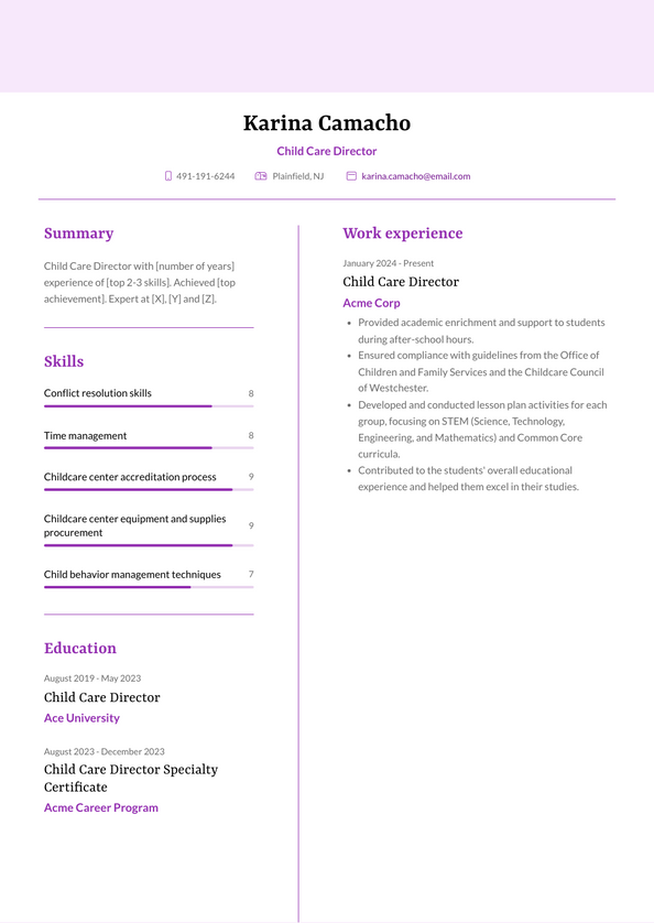 Child Care Director Resume Examples and Templates