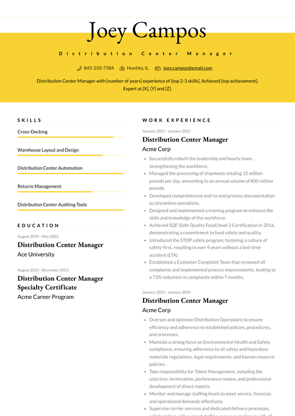 Distribution Center Manager Resume Examples and Templates