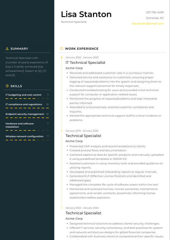 Technical Specialist Resume Examples and Templates