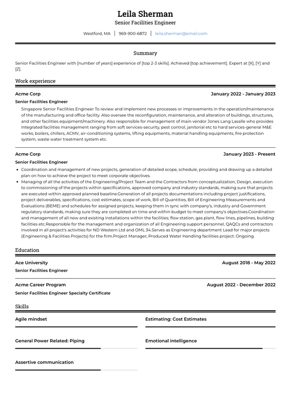 Senior Facilities Engineer Resume Examples and Templates