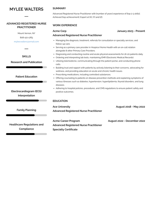 Advanced Registered Nurse Practitioner Resume Examples and Templates