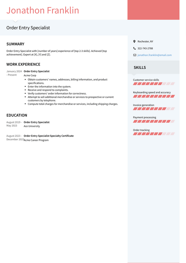 Order Entry Specialist Resume Examples and Templates