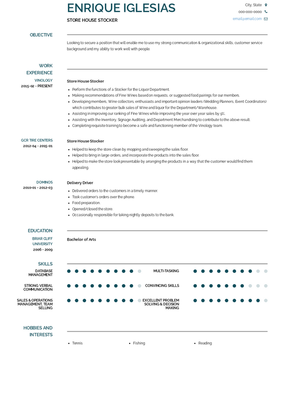 Stocker Resume Samples and Templates | VisualCV