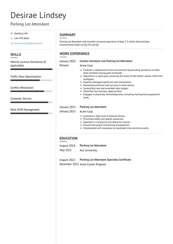 Parking Lot Attendant Resume Examples and Templates