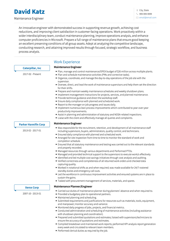 Maintenance Engineer CV Examples & Templates | VisualCV