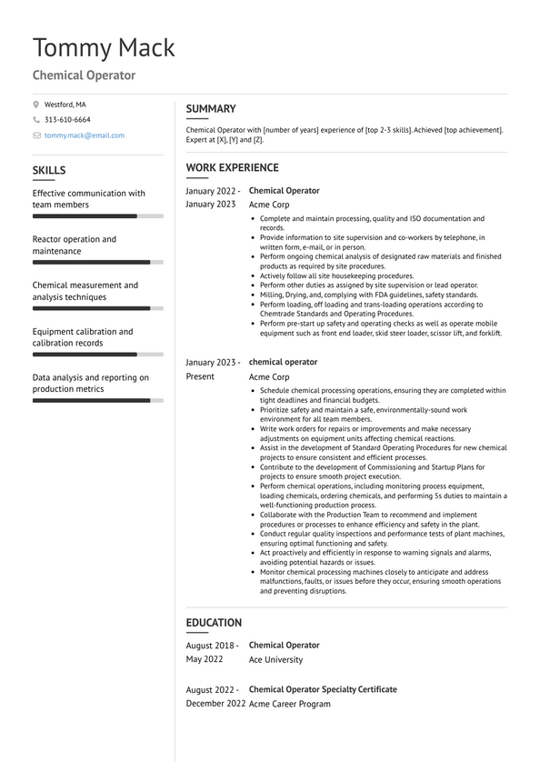 Chemical Operator Resume Examples and Templates