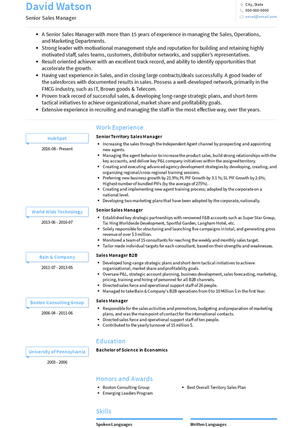 sample resume for senior sales manager