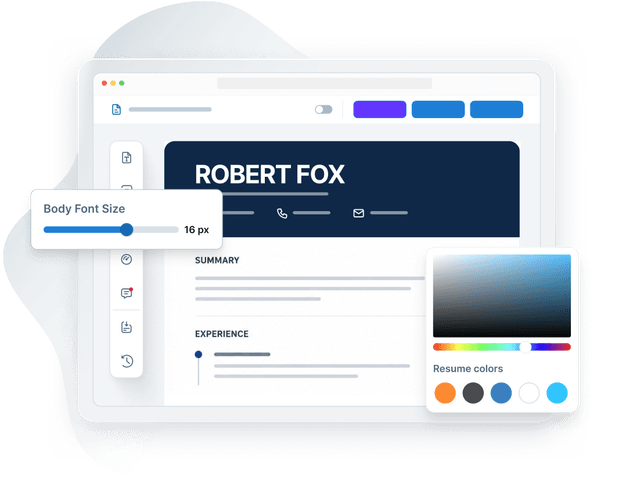 The VisualCV editor with the body font size slider and the resume color picker open