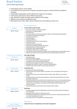 Food And Beverage Manager Resume Samples and Templates | VisualCV