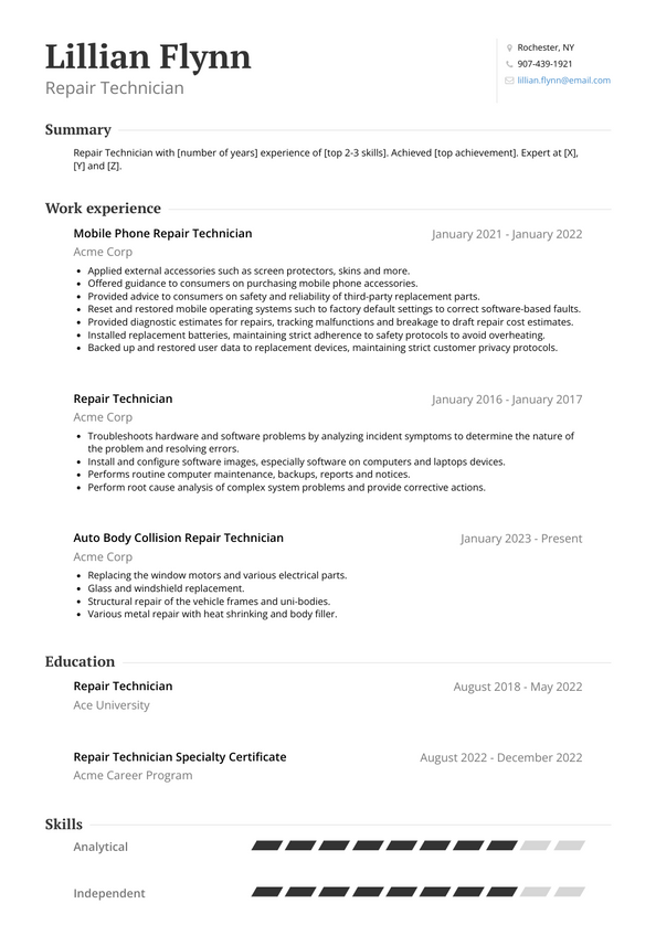 Repair Technician Resume Examples and Templates