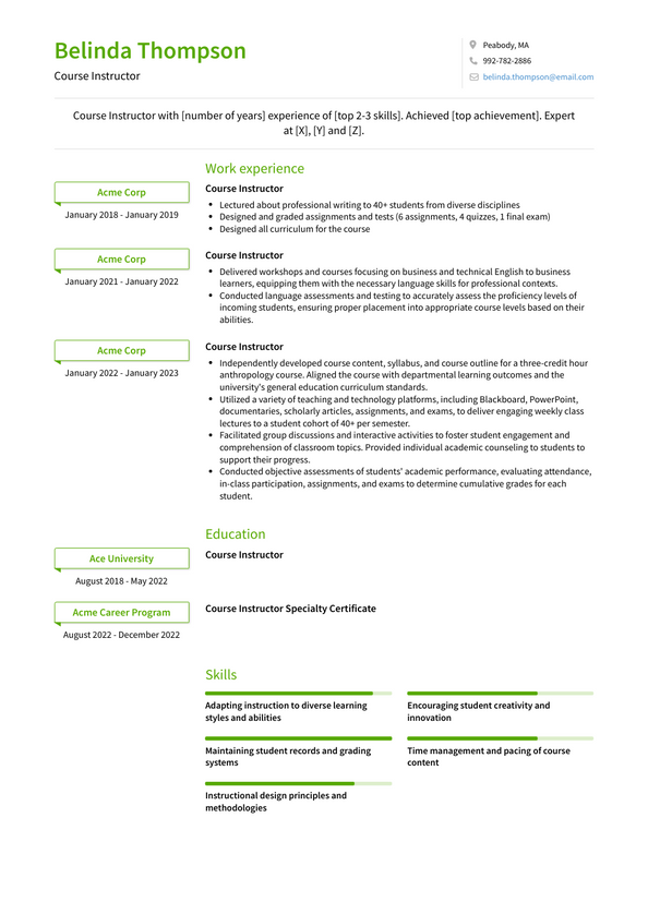 Course Instructor Resume Examples And Templates