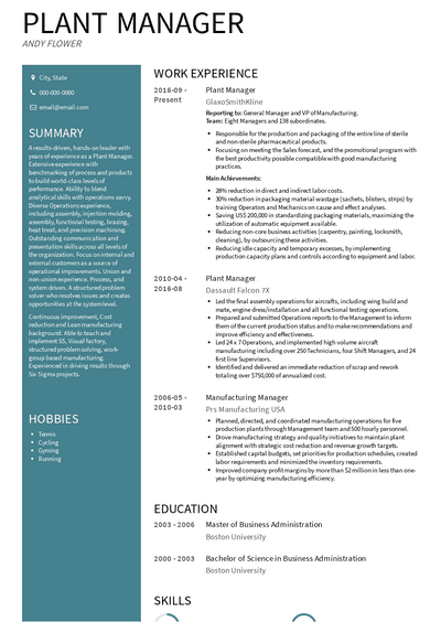 Plant Manager Resume Samples and Templates | VisualCV