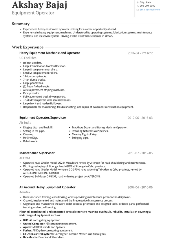 Equipment Operator Resume Samples and Templates | VisualCV