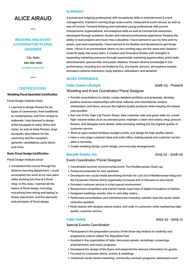 Event Coordinator CV Examples Templates VisualCV