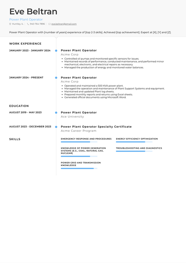 Power Plant Operator Resume Examples and Templates