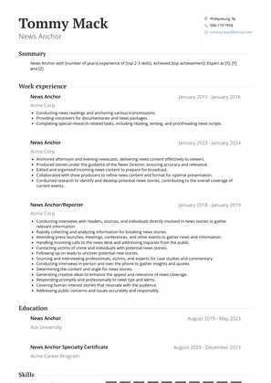 News Anchor Resume Sample and Template