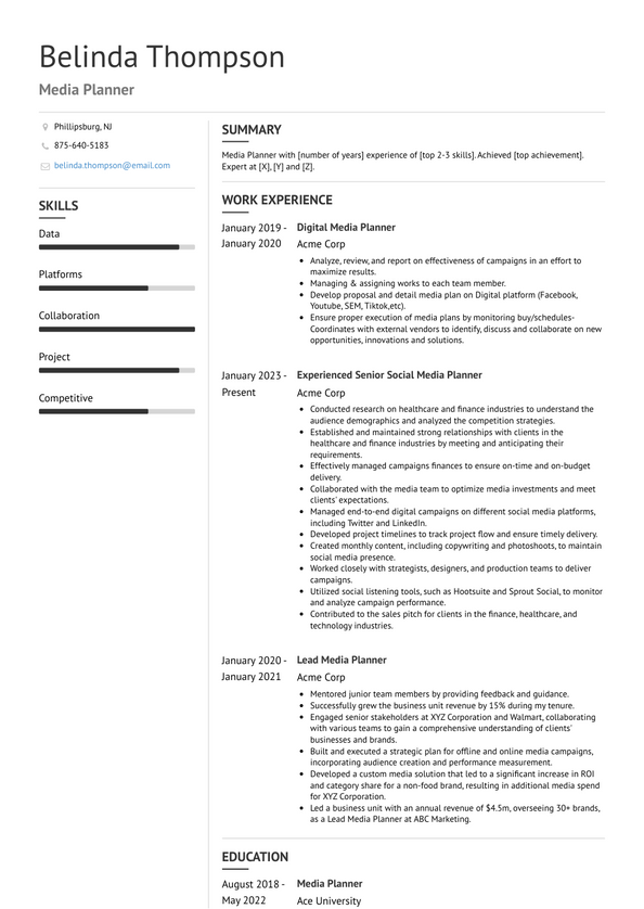 3+ Media Planner Resume Examples and Templates