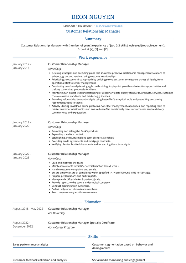 Customer Relationship Manager Resume Examples and Templates