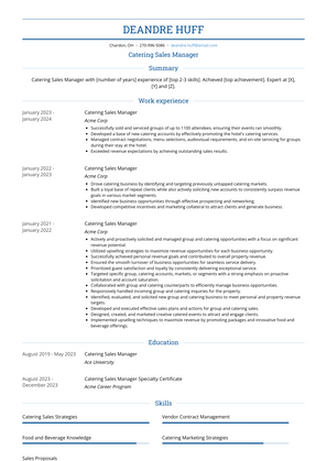Catering Sales Manager Resume Sample and Template